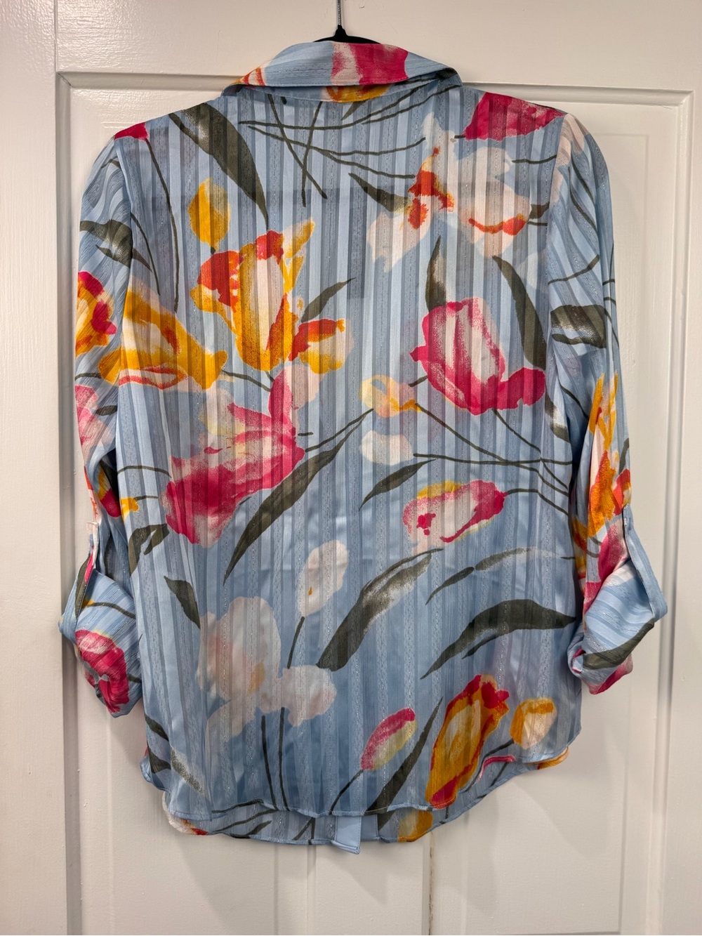 White House Black Market Light Blue Floral Shadow Stripe Shirt - Picture 2 of 4